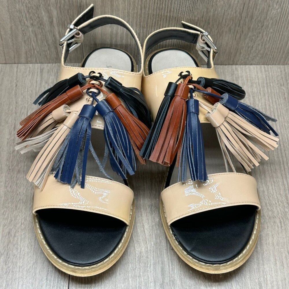 Saks Fifth Avenue Patent Sandals Women Size 8.5 Beige Maria Tasseled Sling Back